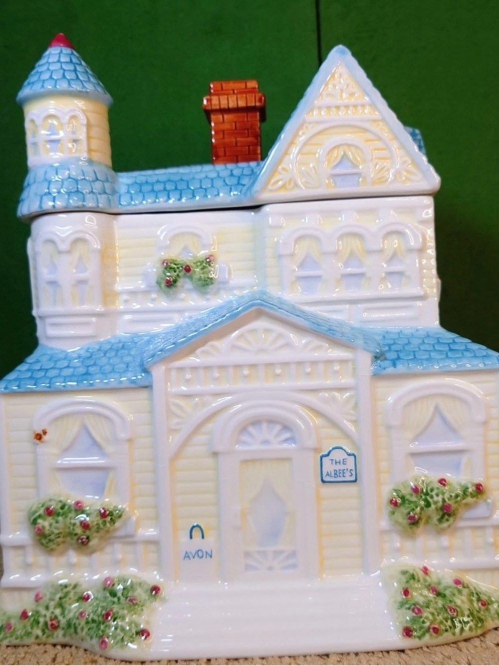 Avon Rare Ms Albee White and Light Blue Victorian House Cookie Jar-Org. Box